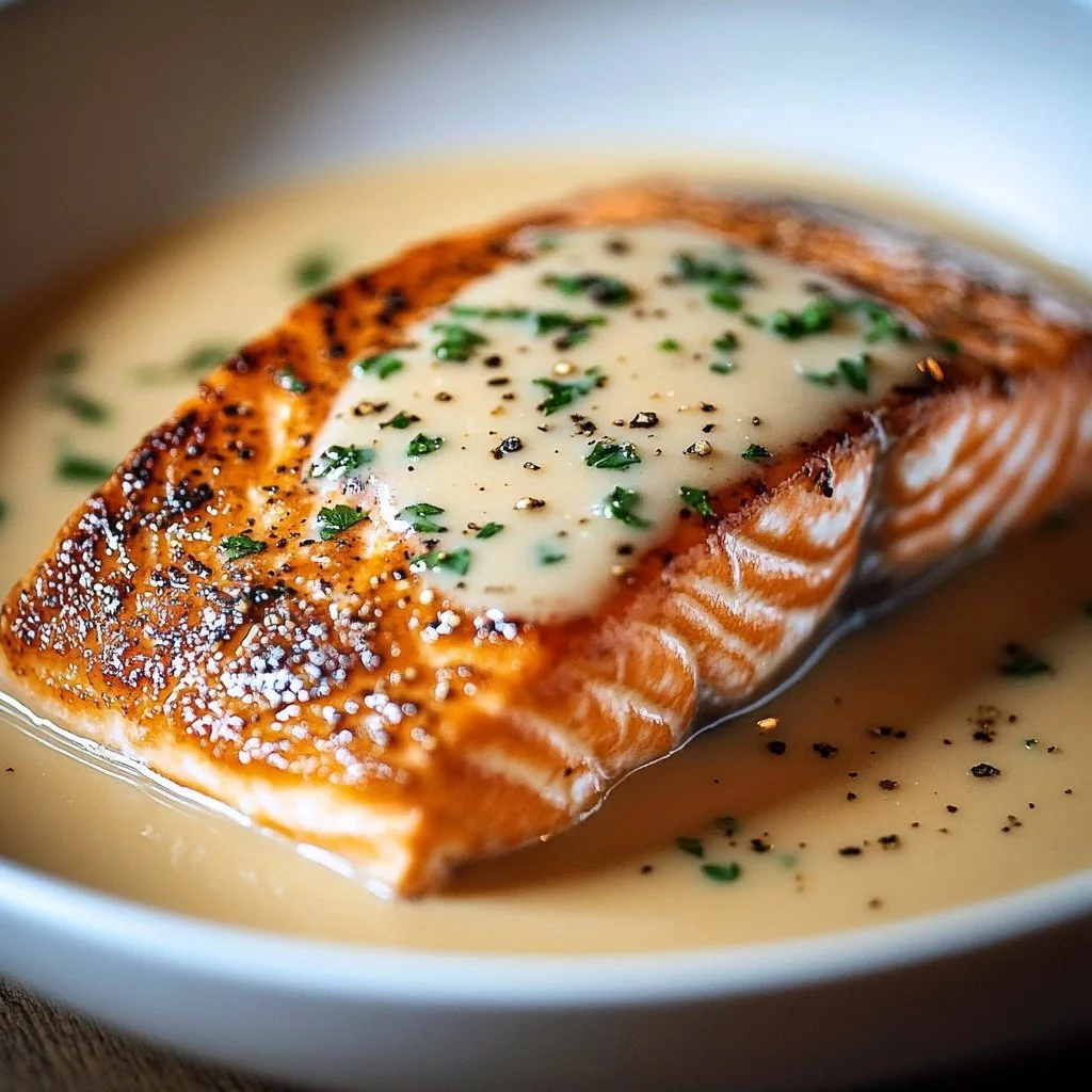 Baked Boursin Salmon dish served on a plate with fresh herbs and lemon slices.