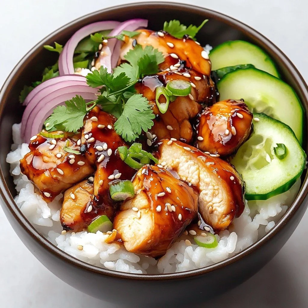 A flavorful Bang Bang Chicken Bowl topped with fresh ingredients and drizzled with sauce.