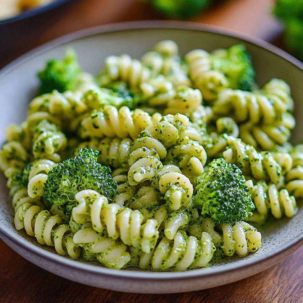 A bowl of broccoli pasta garnished with parmesan and herbs.