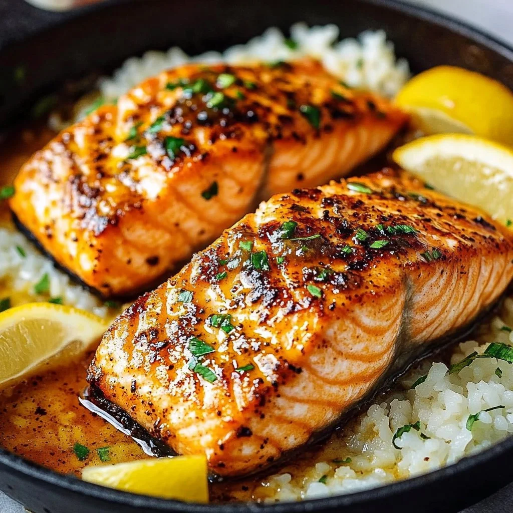 Cajun Honey Butter Salmon 2 Delicious Cajun Honey Butter Salmon with a golden glaze and herbs
