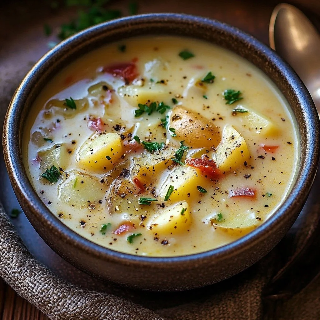 Bowl of rich and creamy Cajun Potato Soup topped with fresh herbs.