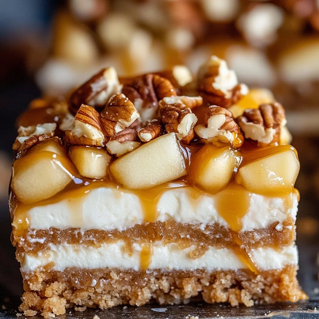 Caramel Apple Cheesecake Bars 2 Delicious caramel apple cheesecake bars topped with caramel drizzle and apple slices.