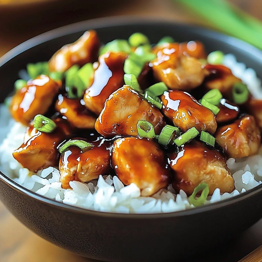 Delicious caramelized soy chicken served over rice in a bowl.
