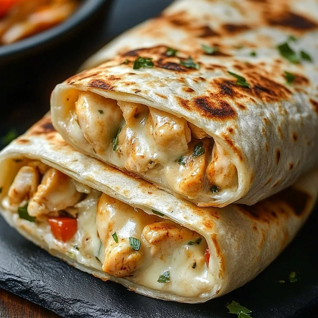 Cheesy Chicken Garlic Wraps 2 Cheesy chicken garlic wraps served on a plate