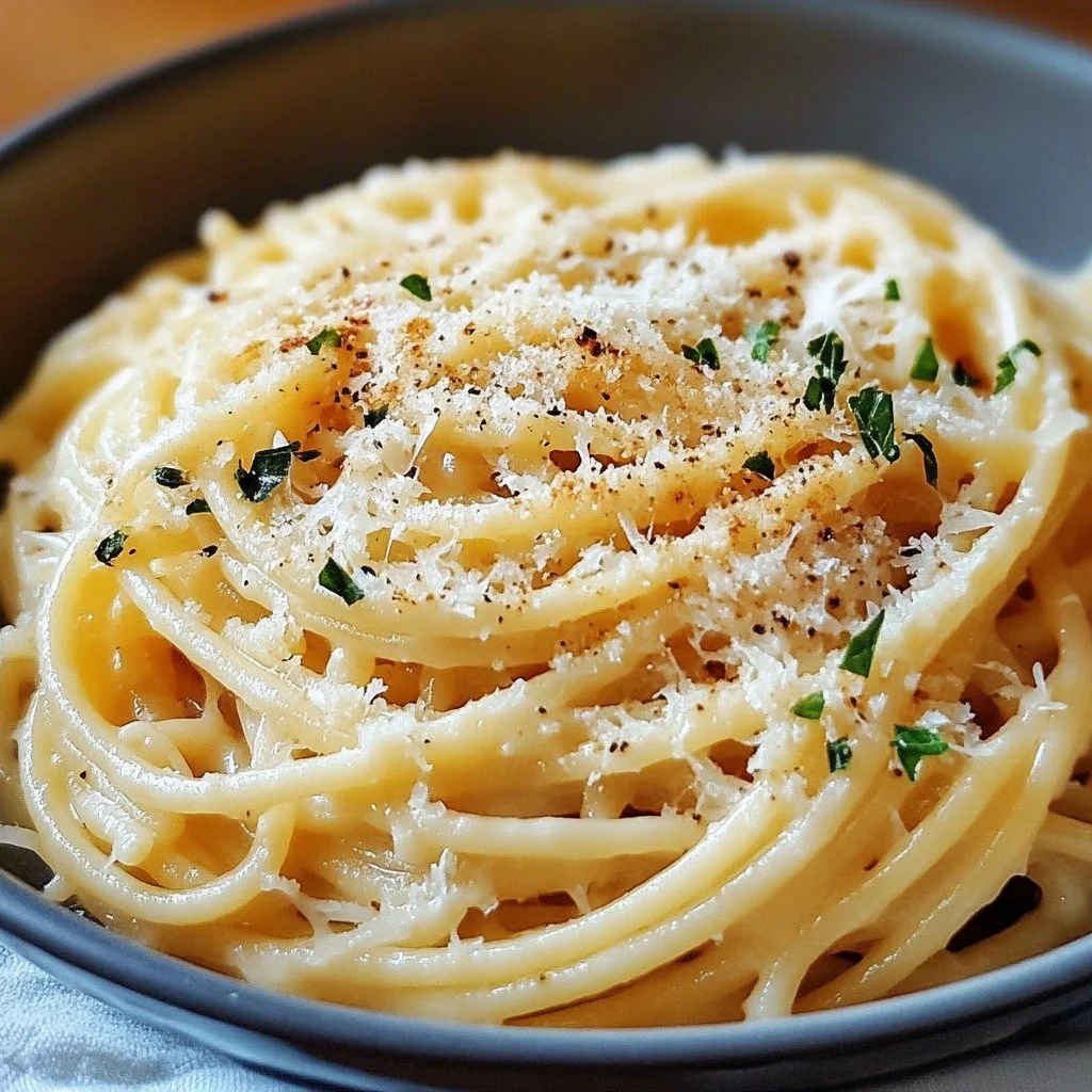 Delicious cheesy garlic parmesan spaghetti garnished with fresh herbs