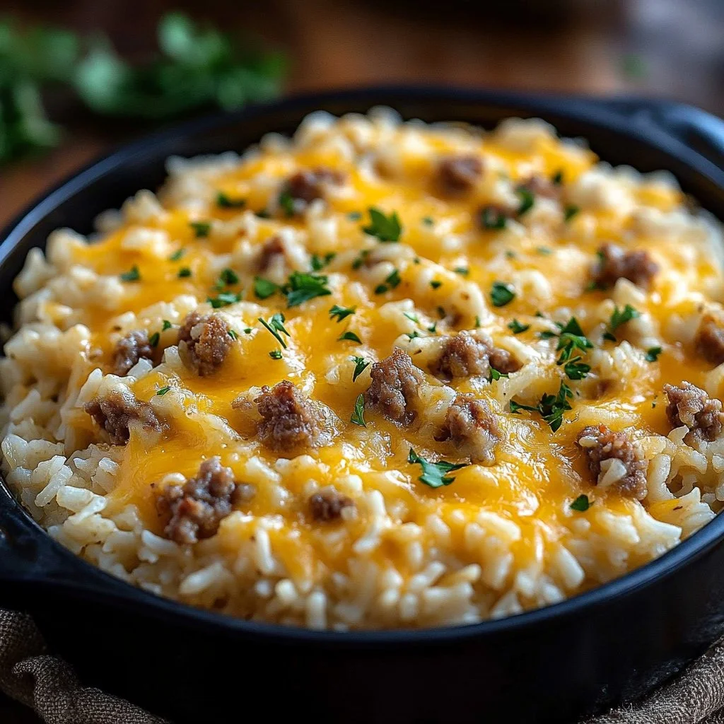 Cheesy Hamburger Rice Casserole 2 Delicious Cheesy Hamburger Rice Casserole garnished with fresh herbs