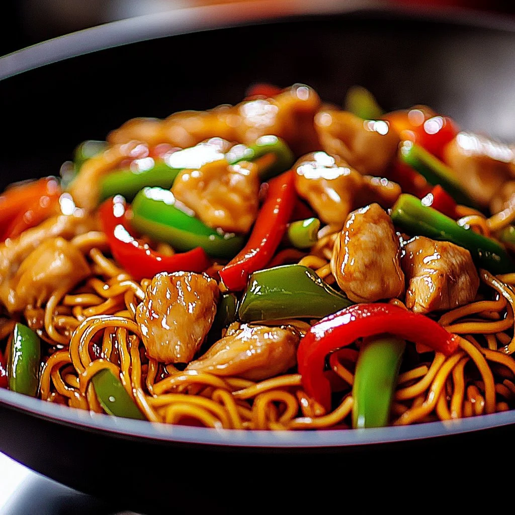 Delicious Chicken Lo Mein dish served with colorful vegetables and noodles.