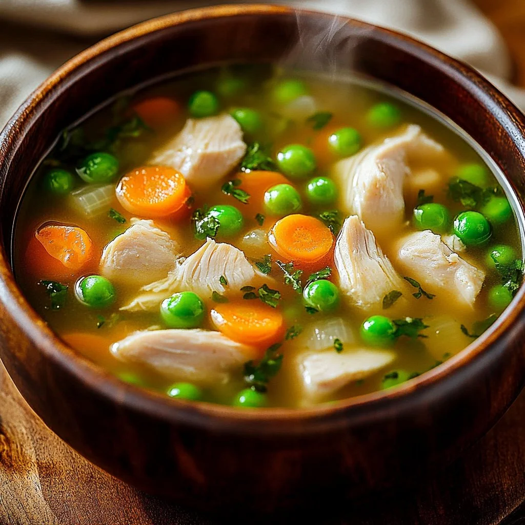 Delicious Chicken Pot Pie Soup in a bowl with fresh herbs and vegetables