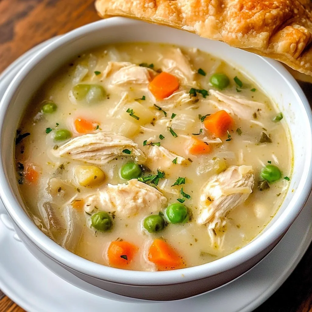 Bowl of Chicken Pot Pie Soup with chicken, vegetables, and creamy broth