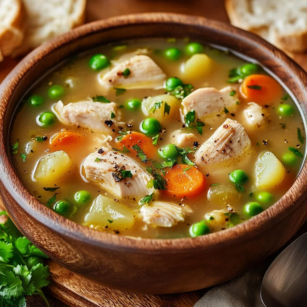 Delicious bowl of Chicken Pot Pie Soup topped with herbs and served with bread.
