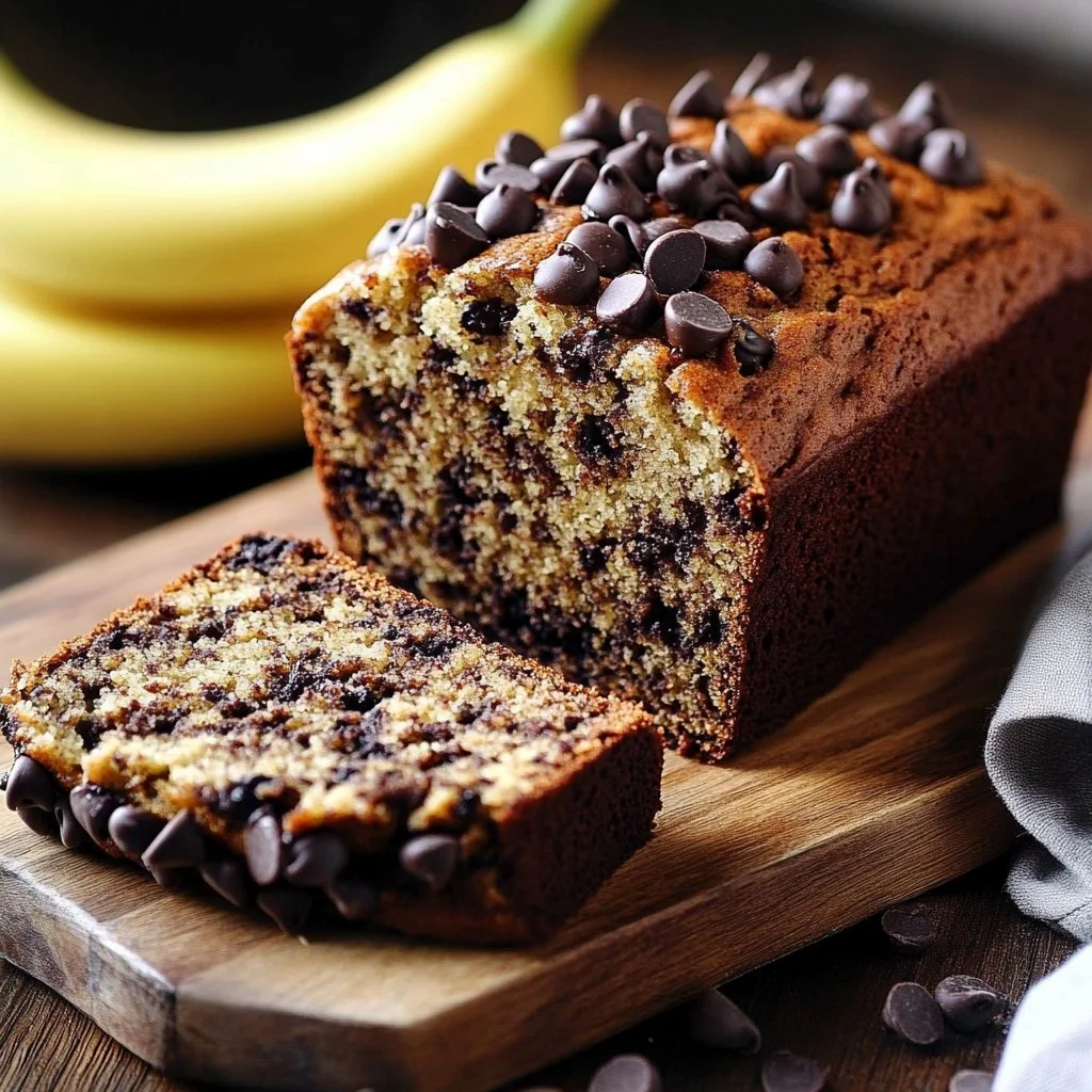 Delicious slice of chocolate chip banana bread on a wooden table.