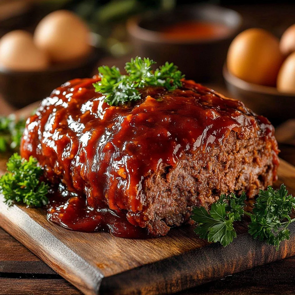 Delicious classic meatloaf topped with ketchup glaze on a plate.