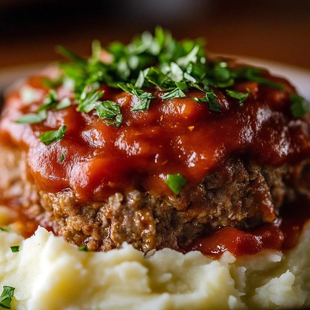 Classic meatloaf served with mashed potatoes and green beans