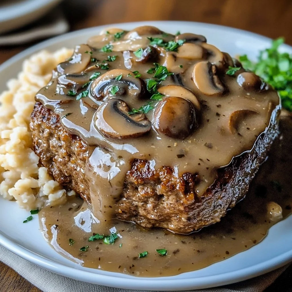 Comforting meatloaf with mushroom gravy served with sides