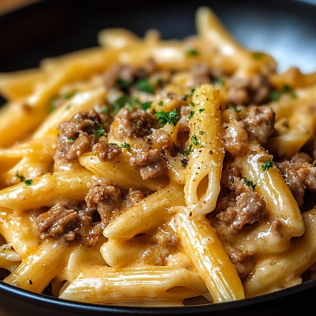 A delicious bowl of creamy beef pasta topped with fresh herbs and Parmesan cheese.