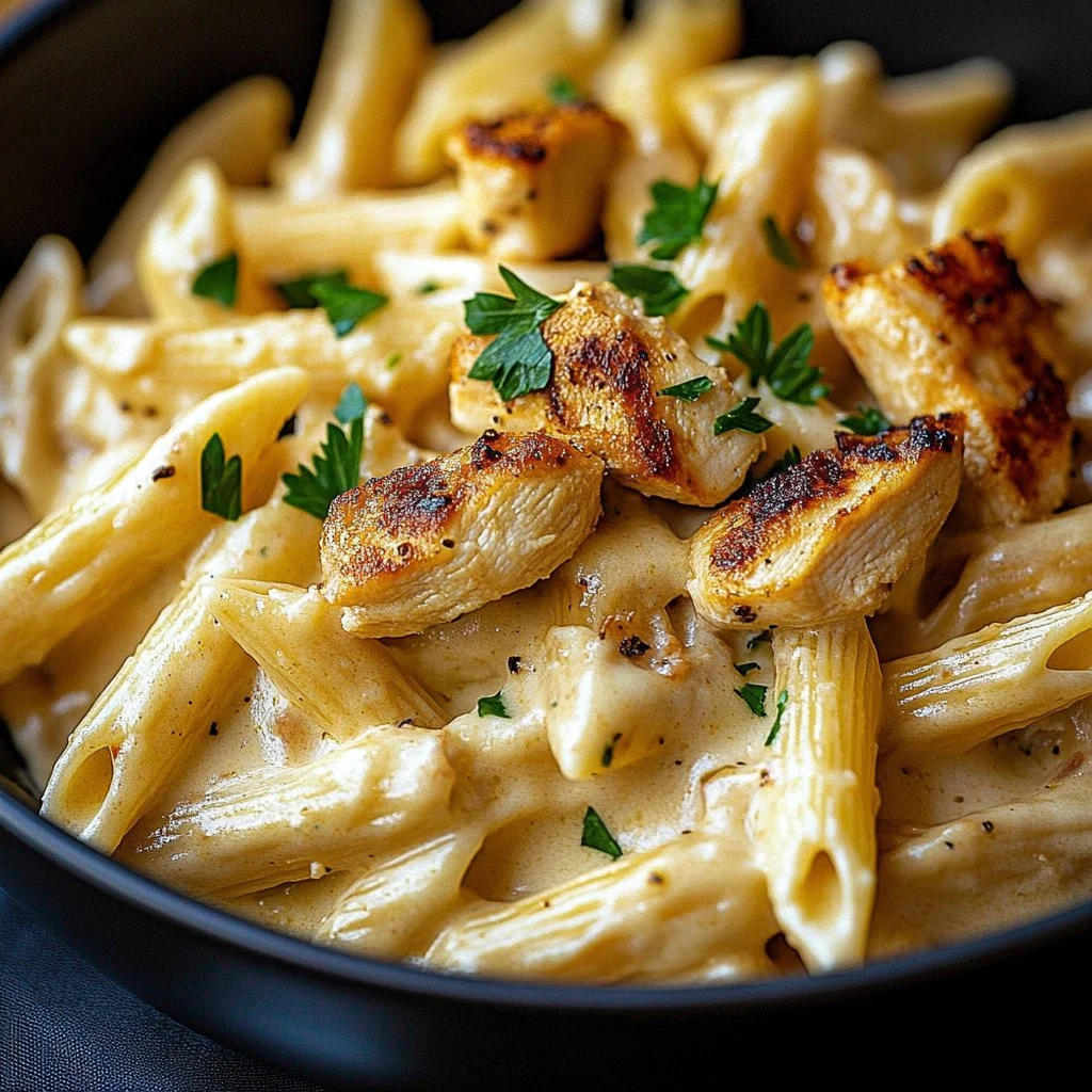 Creamy Cajun chicken pasta with spices and herbs in a bowl