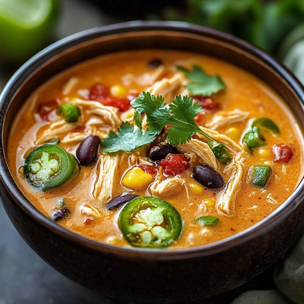 Bowl of creamy chicken enchilada soup garnished with cilantro and cheese