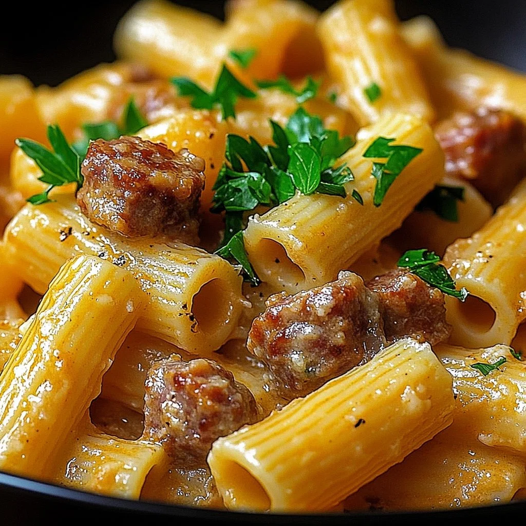 Creamy Italian sausage rigatoni served in a bowl with herbs and parmesan cheese