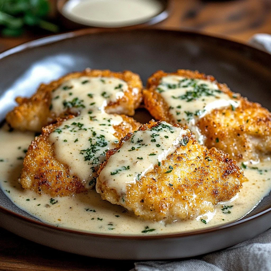 Crispy Parmesan Chicken with Garlic Cream Sauce