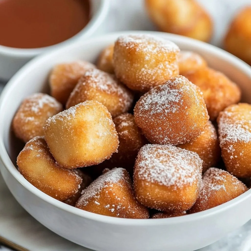 Delicious crispy air fryer churro bites served with dipping sauce