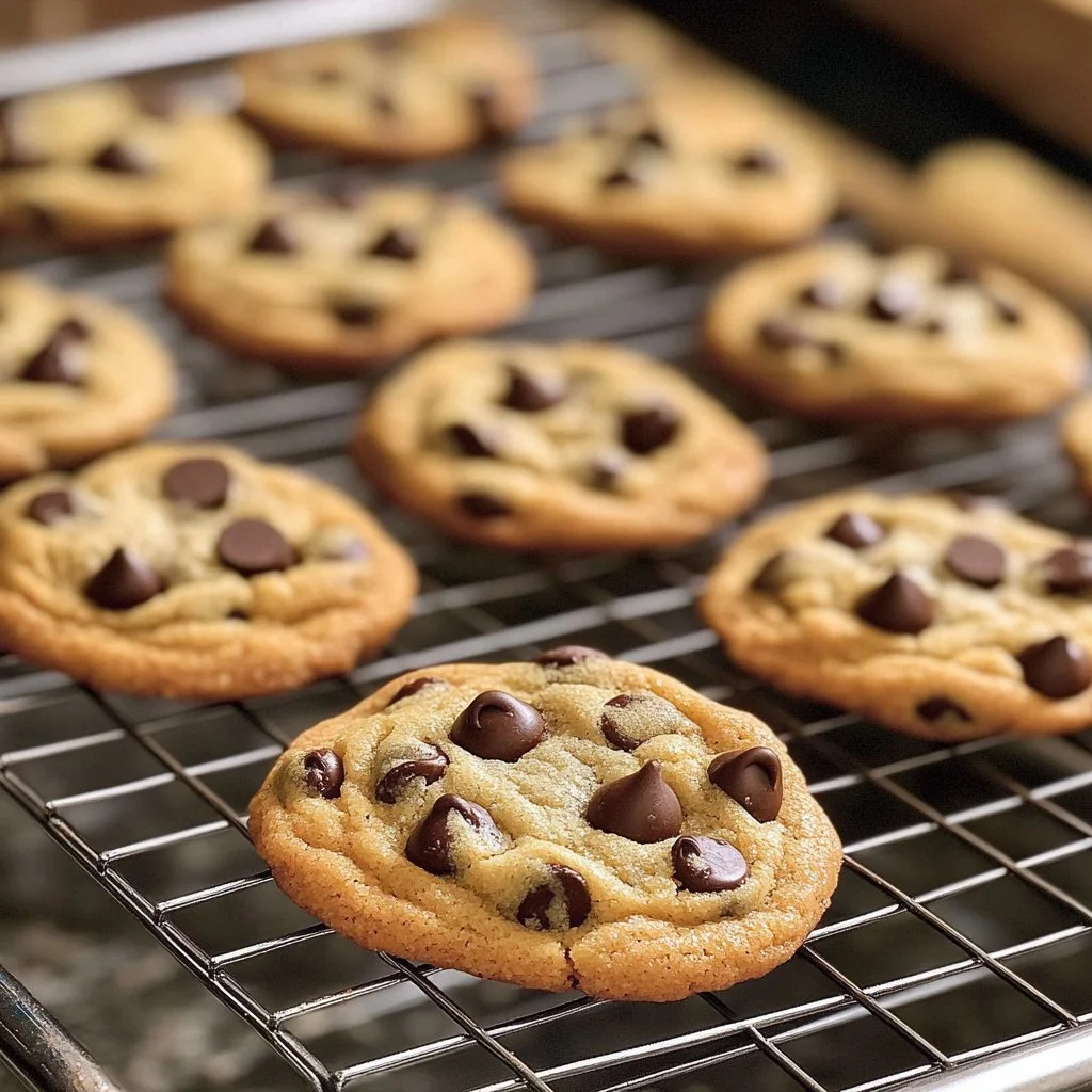Freshly baked crispy and chewy chocolate chip cookies on a cooling rack