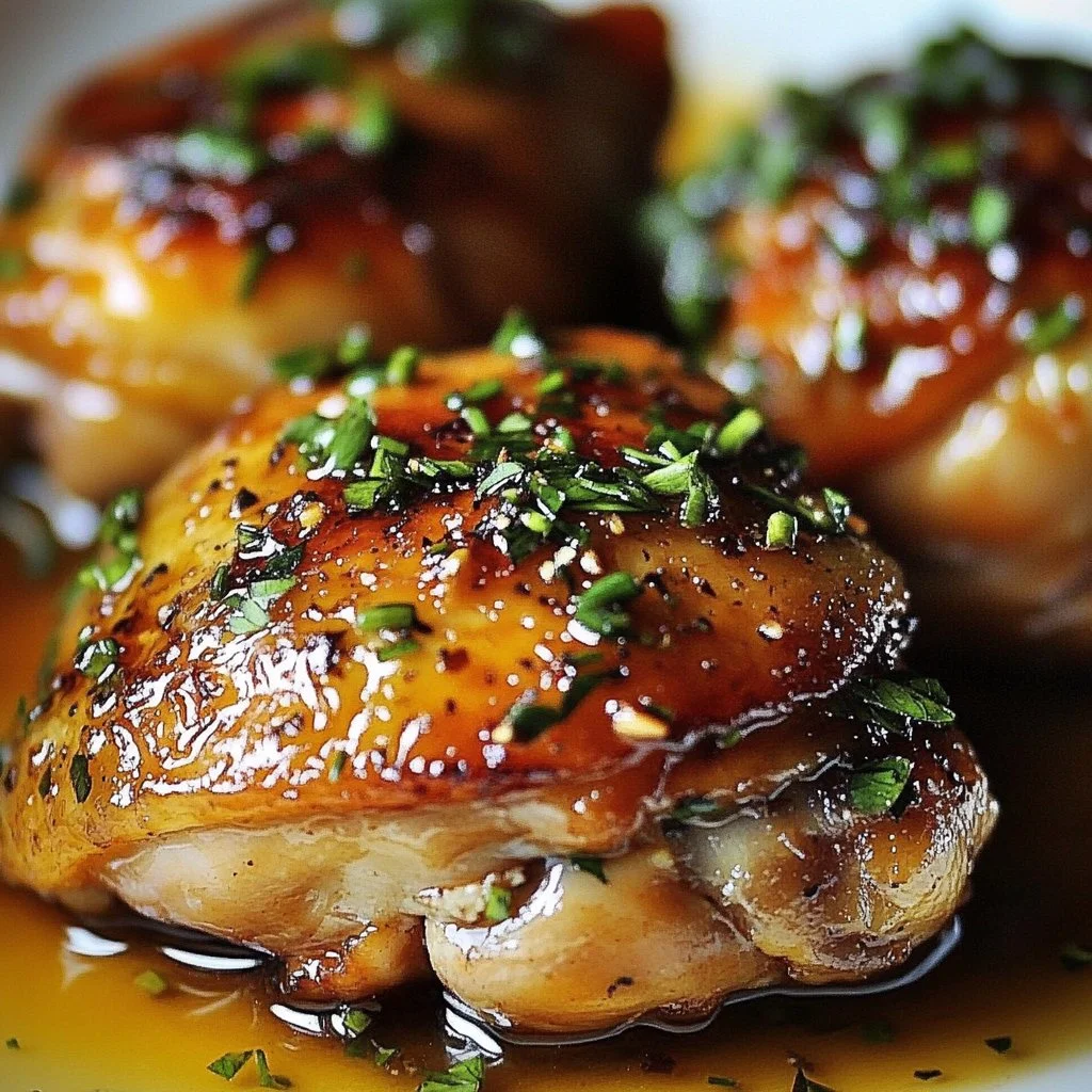 Crispy chicken thighs served with lemon thyme sauce on a plate.