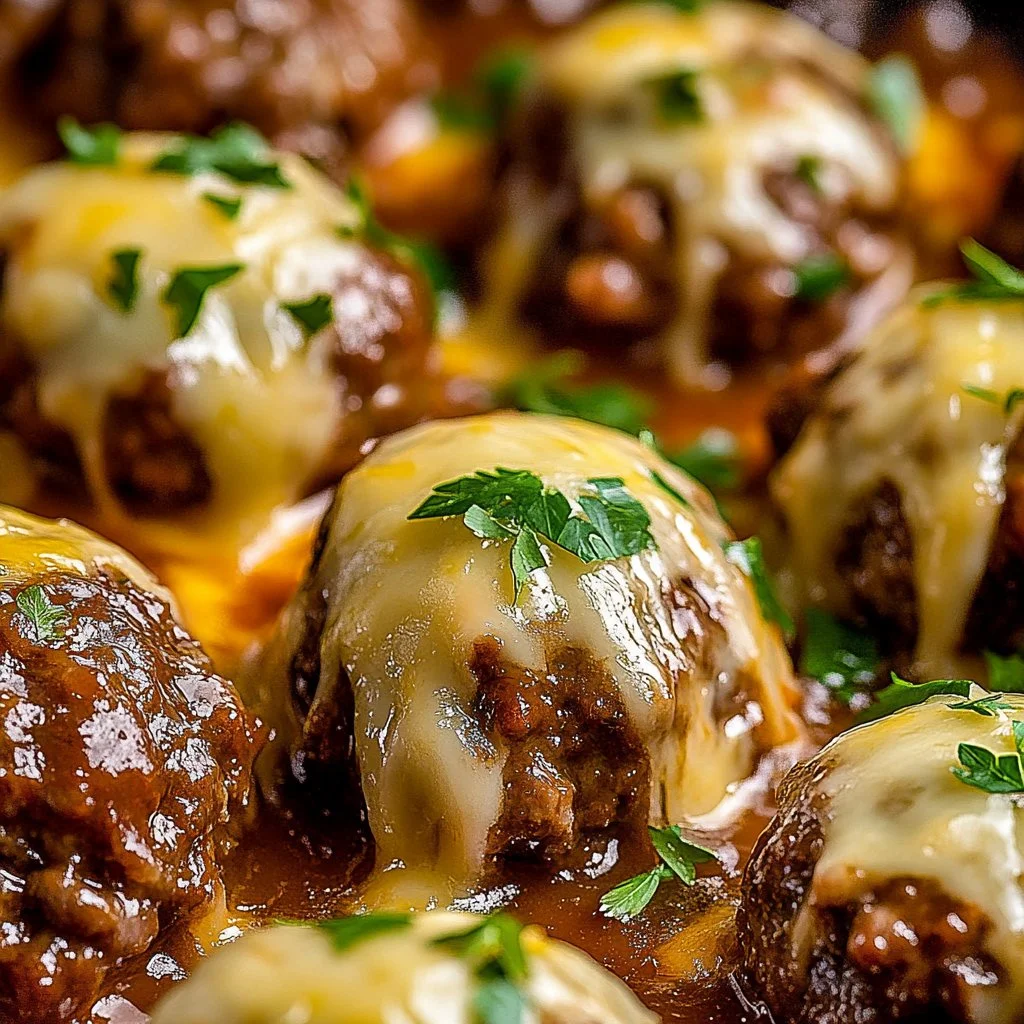 Crockpot French Onion Meatballs served in a bowl with melted cheese and herbs