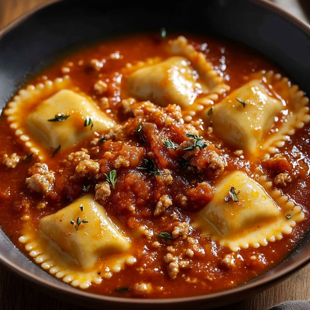 Crockpot Ravioli Lasagna served with cheese and herbs