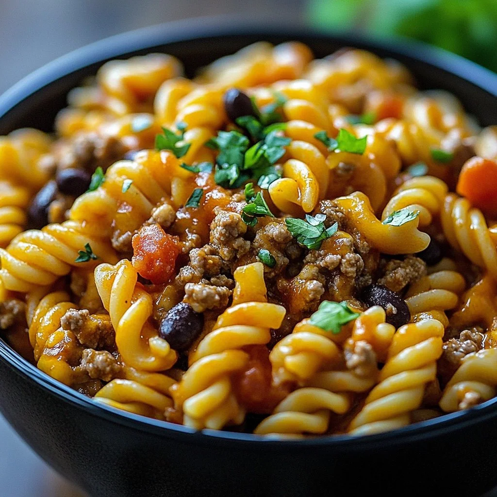 Crockpot Taco Pasta served in a bowl with fresh ingredients