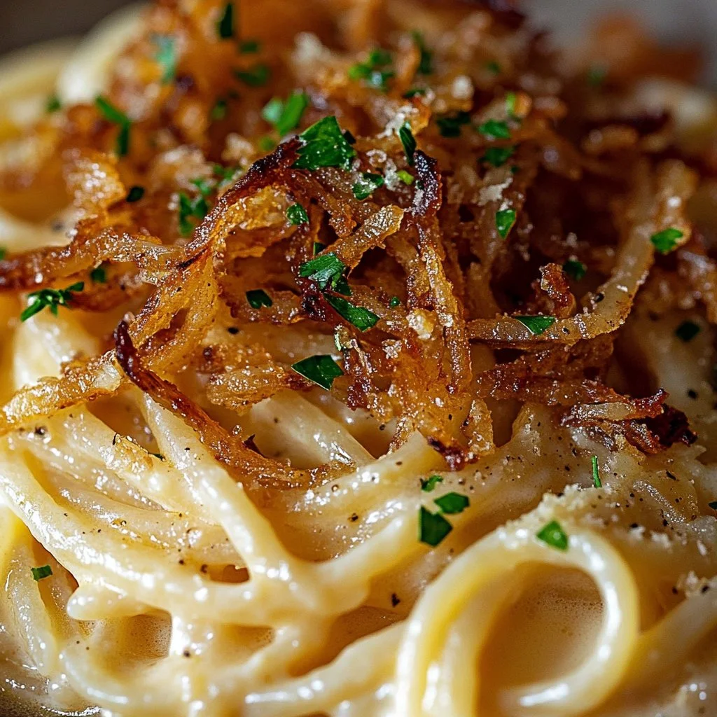 Delicious French onion chicken orzo casserole with melted cheese