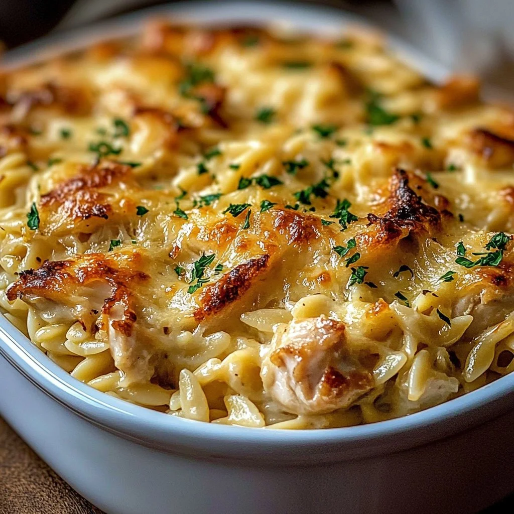 French Onion Chicken Orzo Casserole