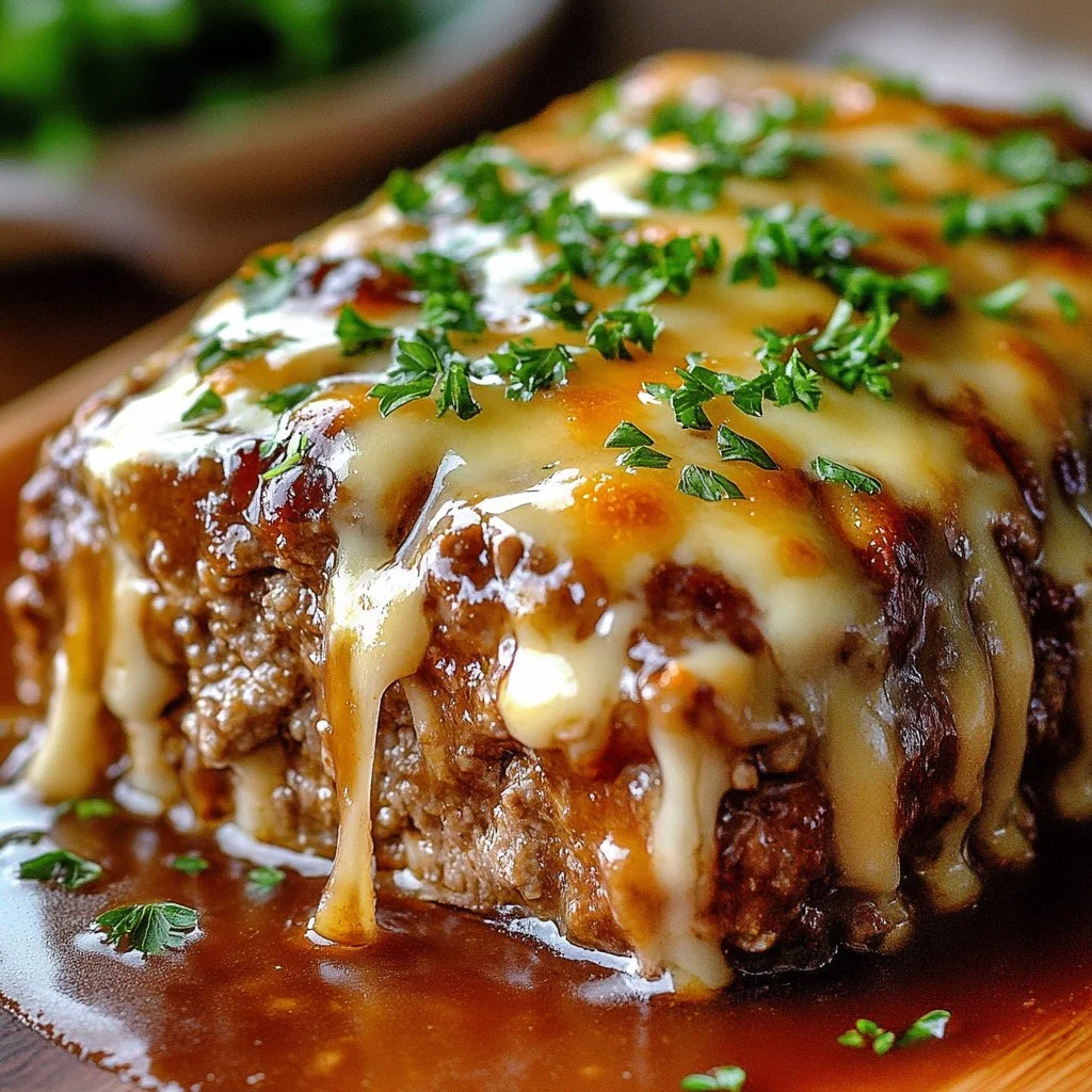 A hearty French Onion Meatloaf topped with melted cheese and caramelized onions.