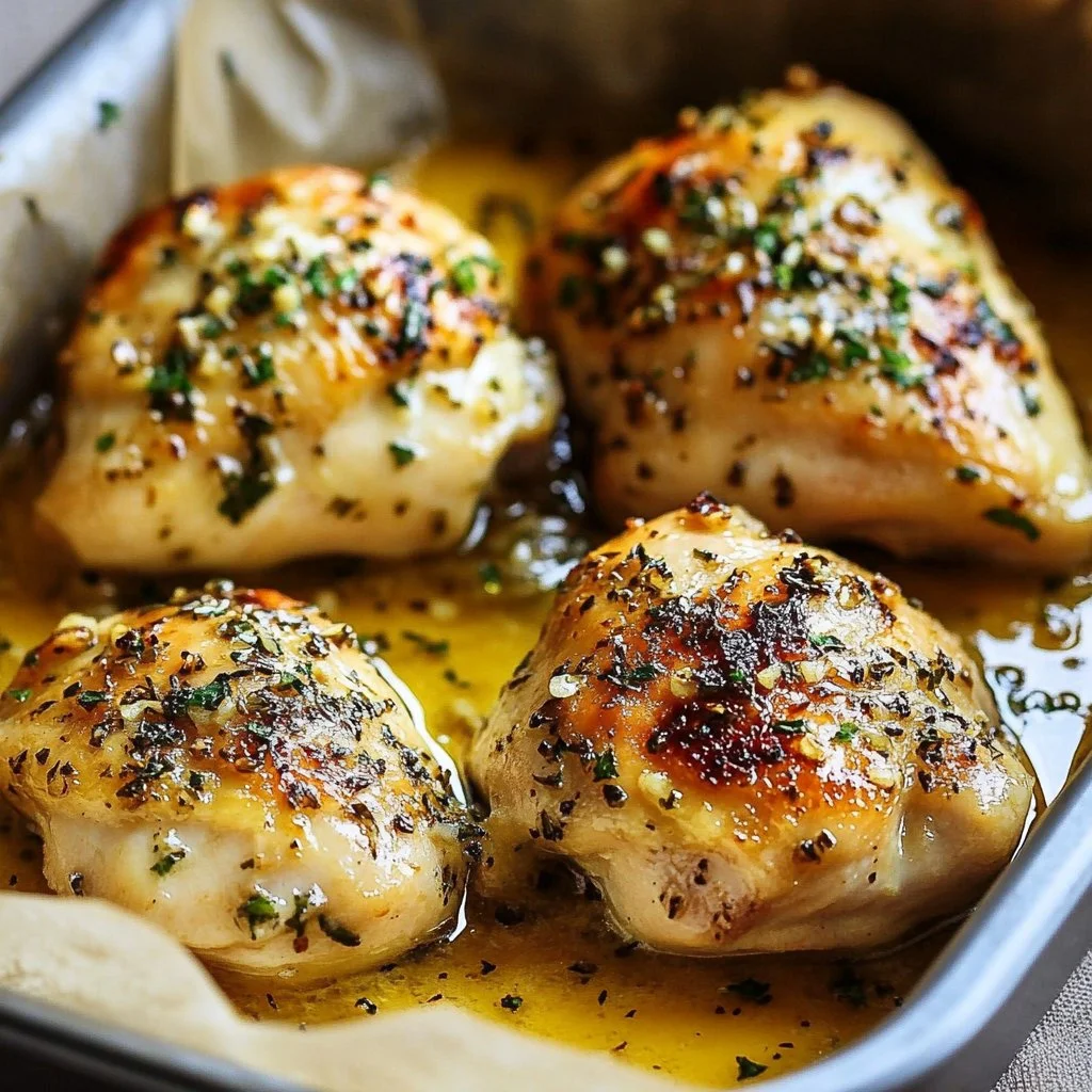 Garlic Butter Baked Chicken Breast served with herbs and vegetables