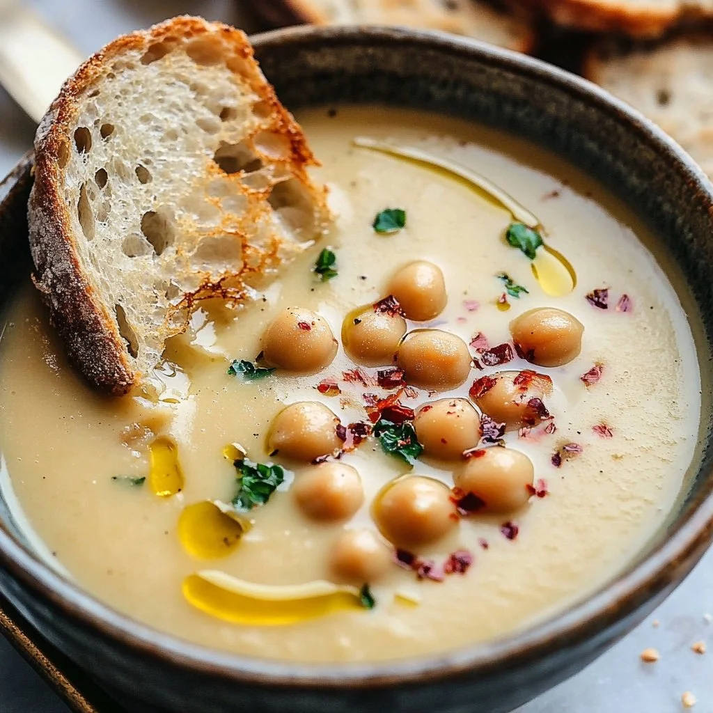 Bowl of delicious Garlic Chickpea Soup garnished with herbs.