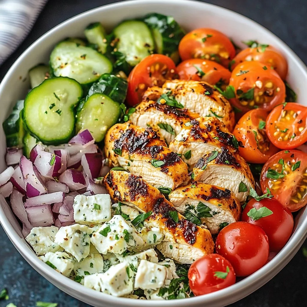 Greek Chicken Bowls 2 Healthy Greek Chicken Bowls with fresh vegetables and herbs