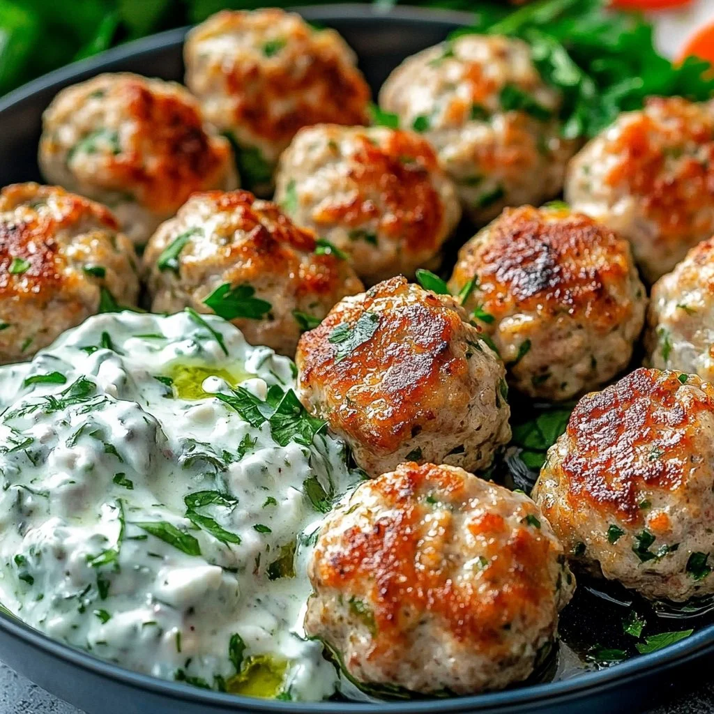Greek turkey meatballs with tzatziki sauce on a plate