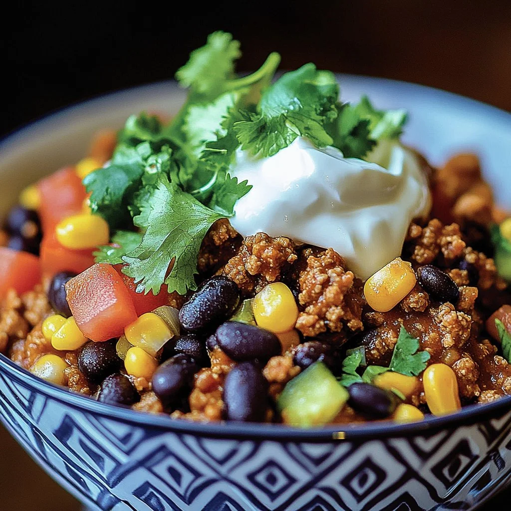 Savory ground turkey taco skillet topped with fresh ingredients and spices.