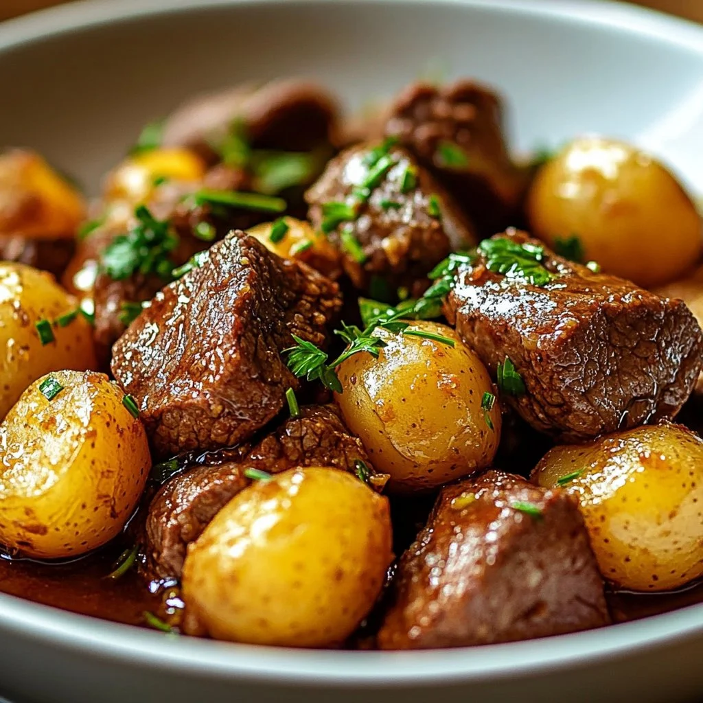 Delicious slow cooker garlic butter beef bites served on a plate