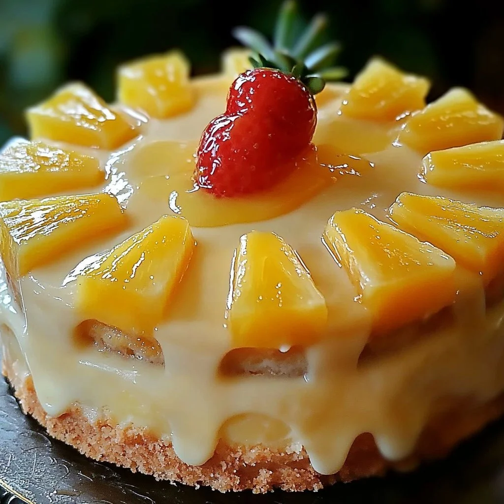 Juicy Pineapple Heaven Cake topped with fresh pineapple slices and whipped cream
