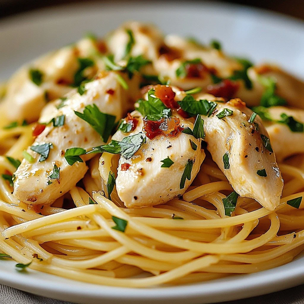Delicious Monterey Chicken Spaghetti served with fresh herbs and grilled chicken.