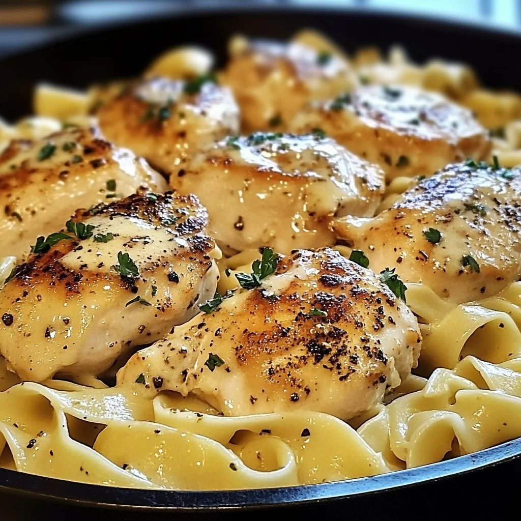 One-Pan Chicken served with buttered noodles, a quick and delicious dinner dish.