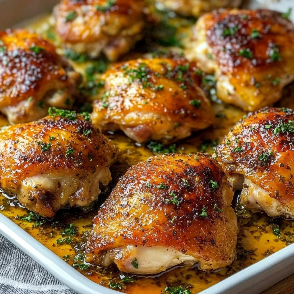 Oven Baked Chicken Thighs 2 Oven baked chicken thighs garnished with herbs on a plate