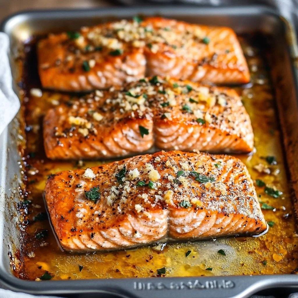 Oven baked salmon garnished with herbs and lemon slices