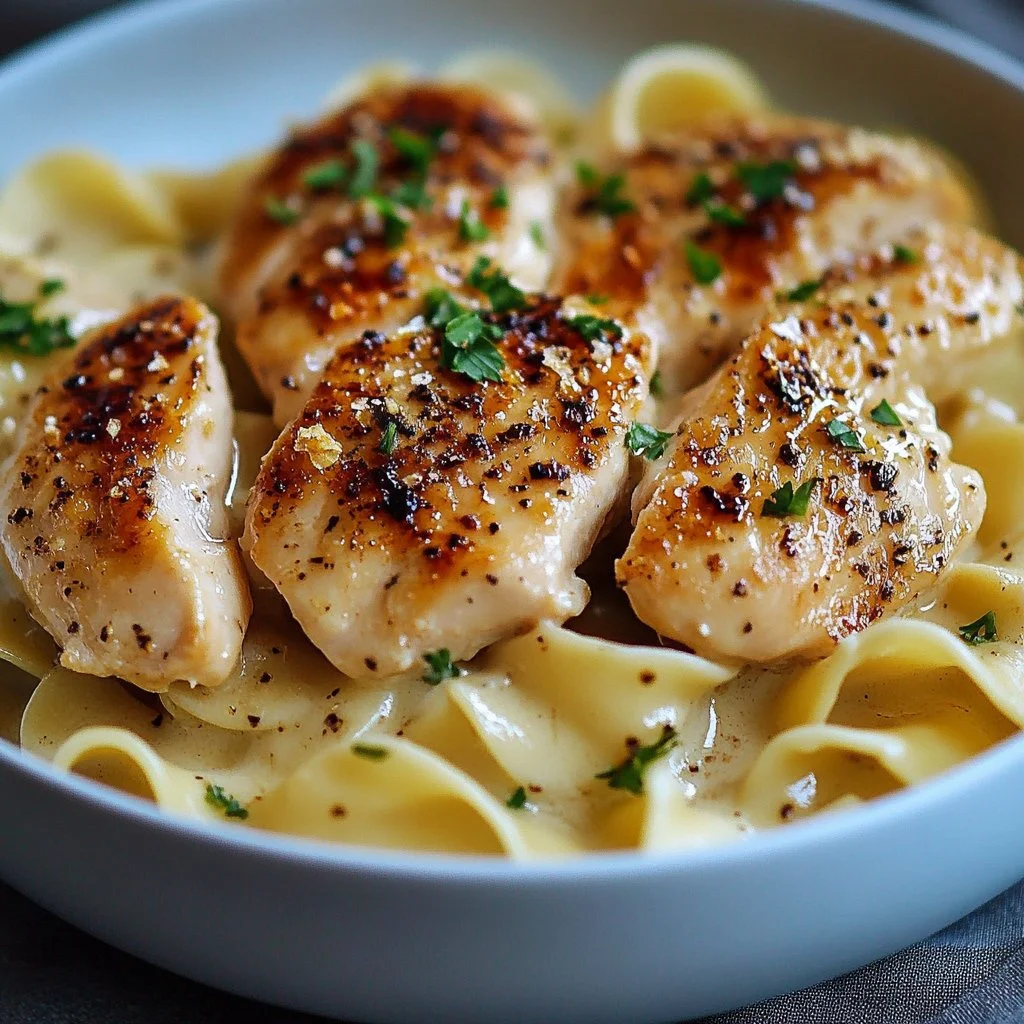 Delicious pan seared chicken served with buttered noodles