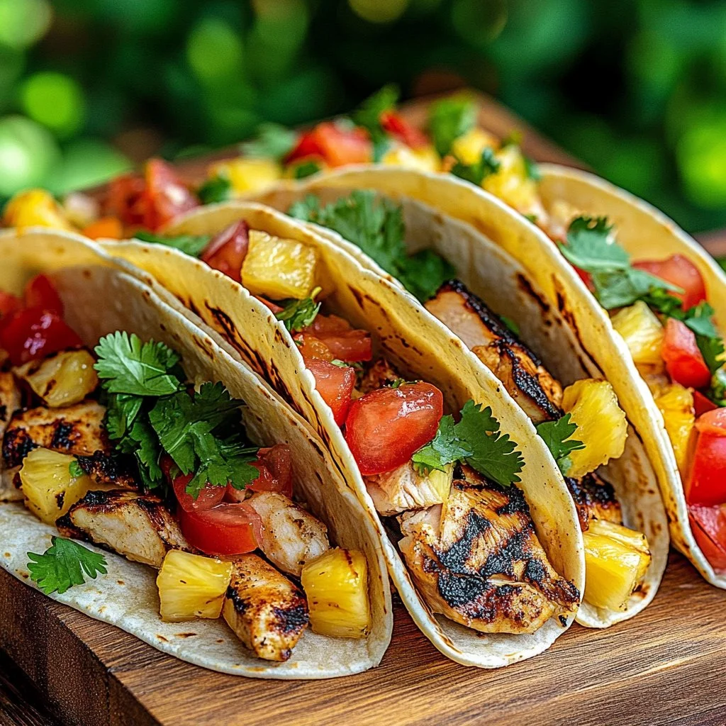 Delicious Pineapple Chicken Tacos topped with fresh ingredients and served on a plate