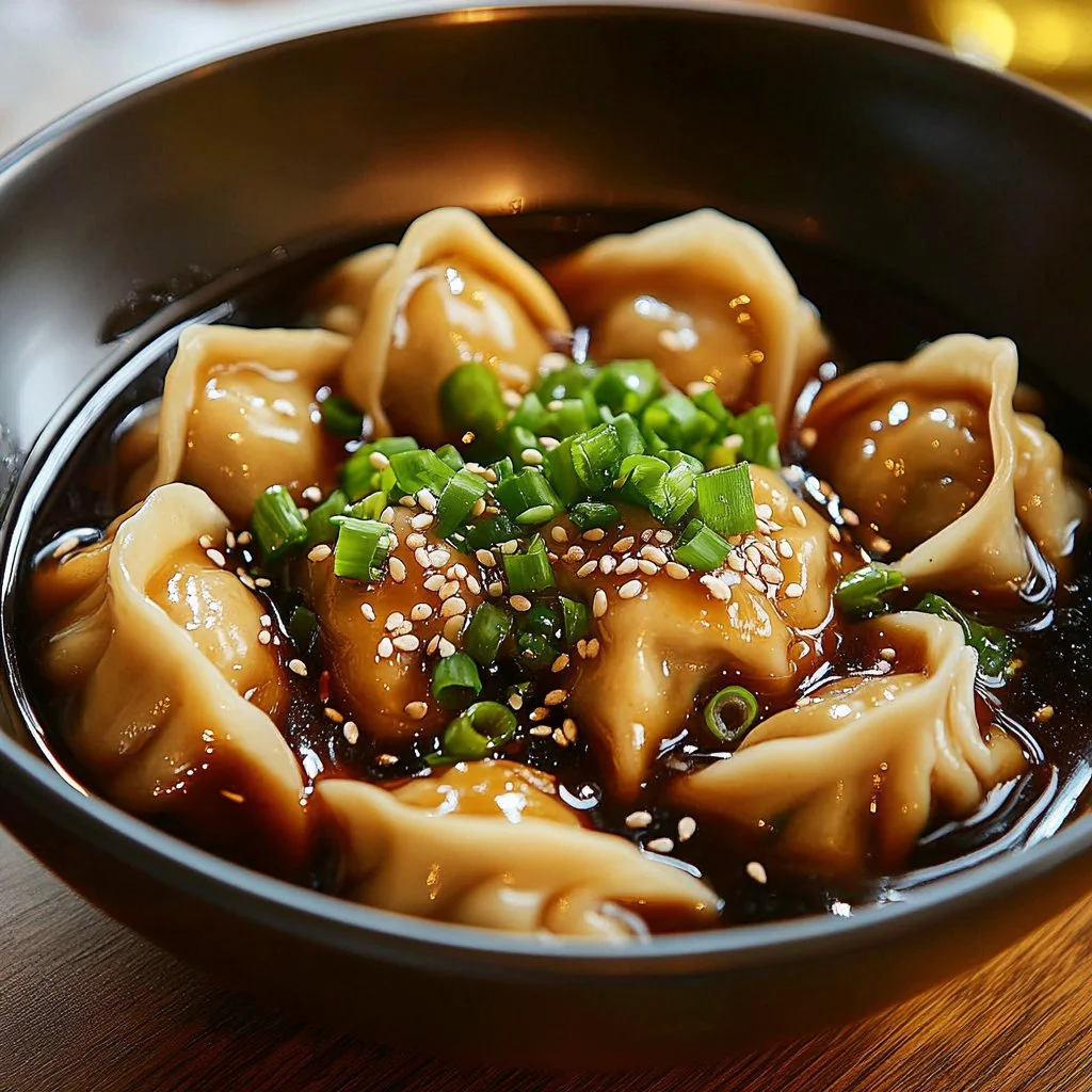 Bowl of hearty Potsticker Soup with dumplings and vegetables