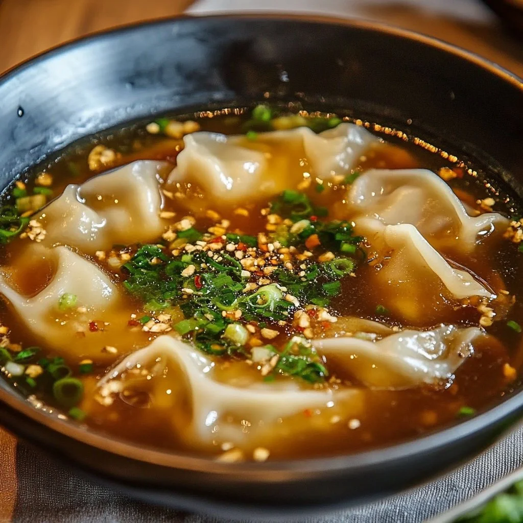 Bowl of homemade Potsticker Soup with dumplings and green onions