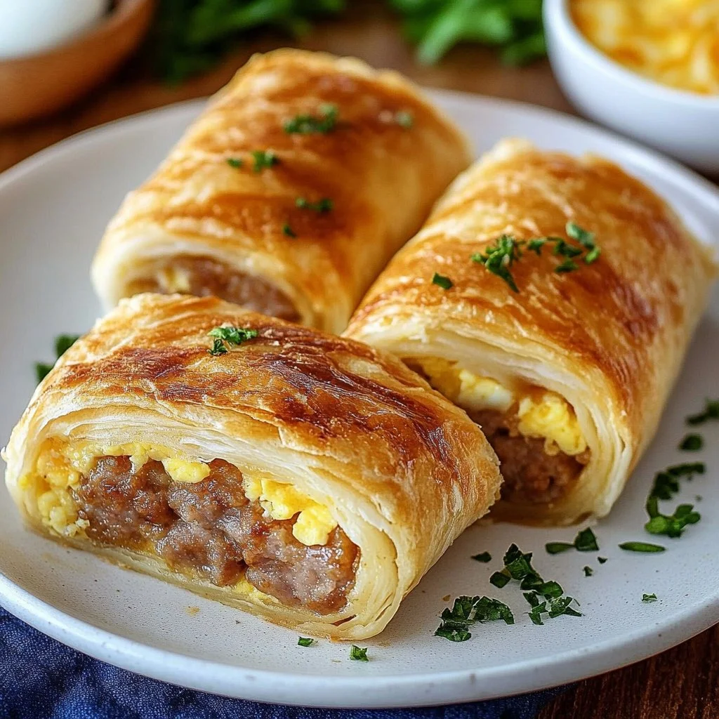 Sausage egg breakfast roll-ups served on a plate