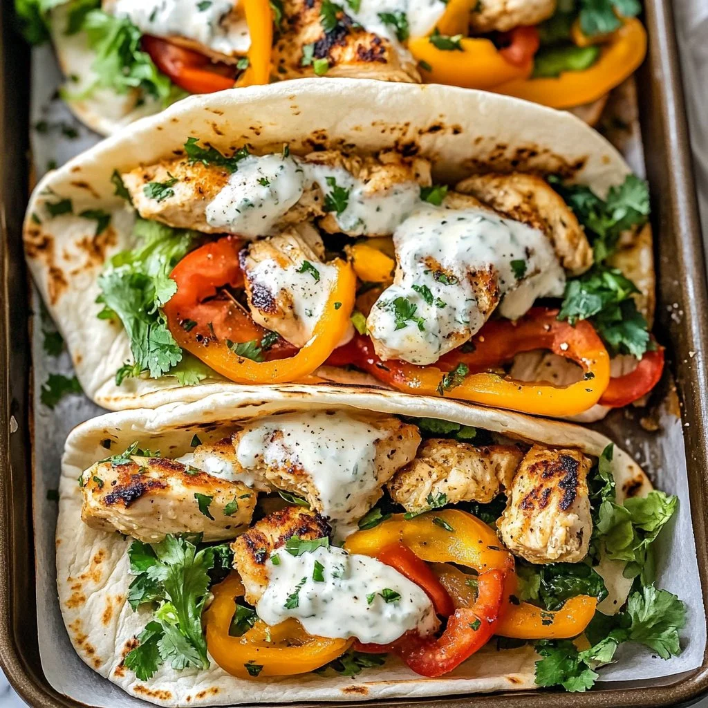 Sheet pan chicken pitas served with fresh vegetables and dips