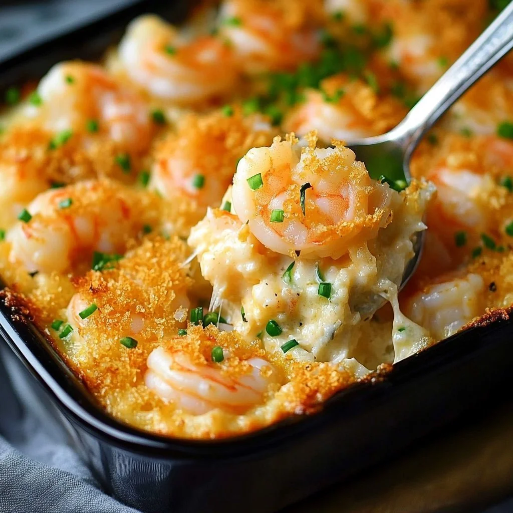 Delicious shrimp casserole baked with creamy sauce and topped with breadcrumbs